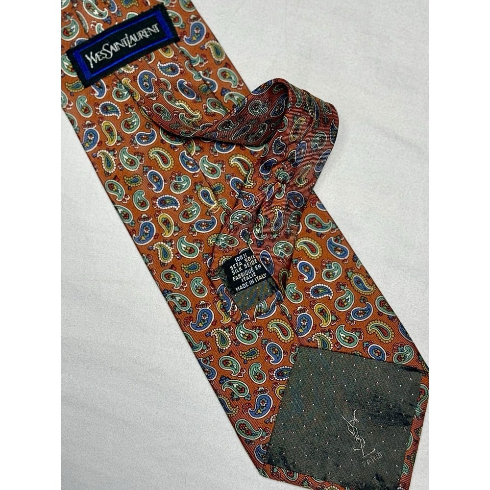 Yves Saint Laurent YSL Tie Colorful Paisley Rust Orange Blue 100% Silk Italy